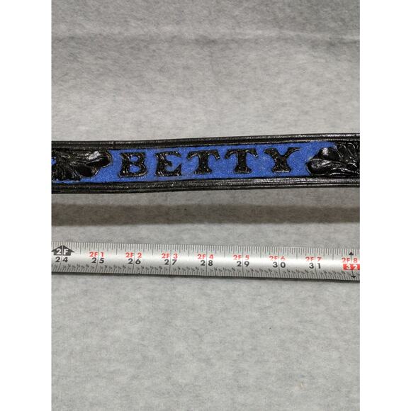 Vintage Black Leather Belt Embossed Pattern Floral Silver Blue Buckle‎ Betty 28" - Picture 3 of 9